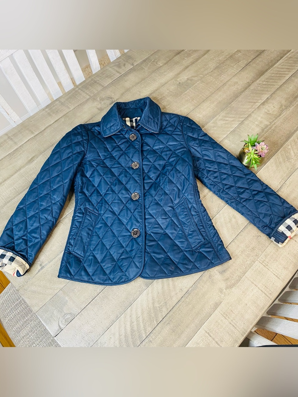 Burberry London Girls XL 14Y Navy Blue Quilted Nova Check Jacket